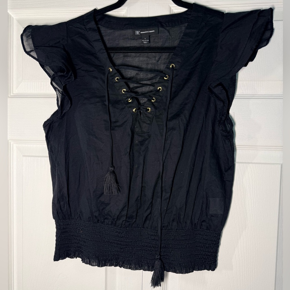 INC International Concepts 100% Cotton Black Lace-Up Blouse